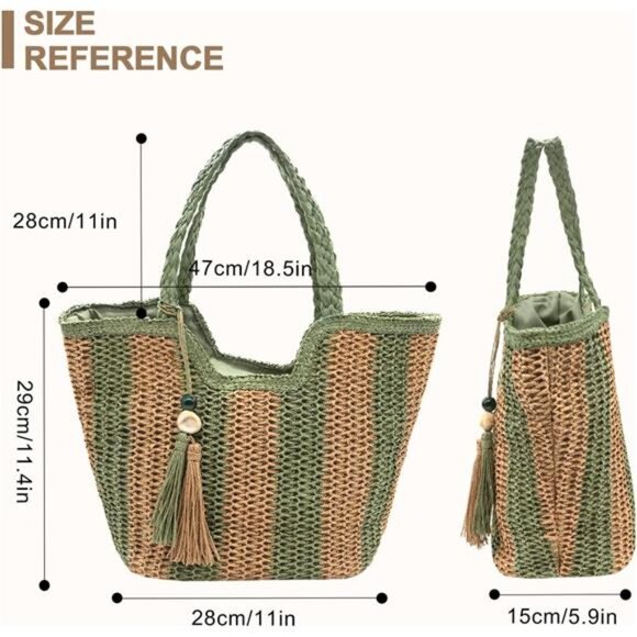 Women Straw Beach Bag Large Khaki Green - Picture 2 of 7